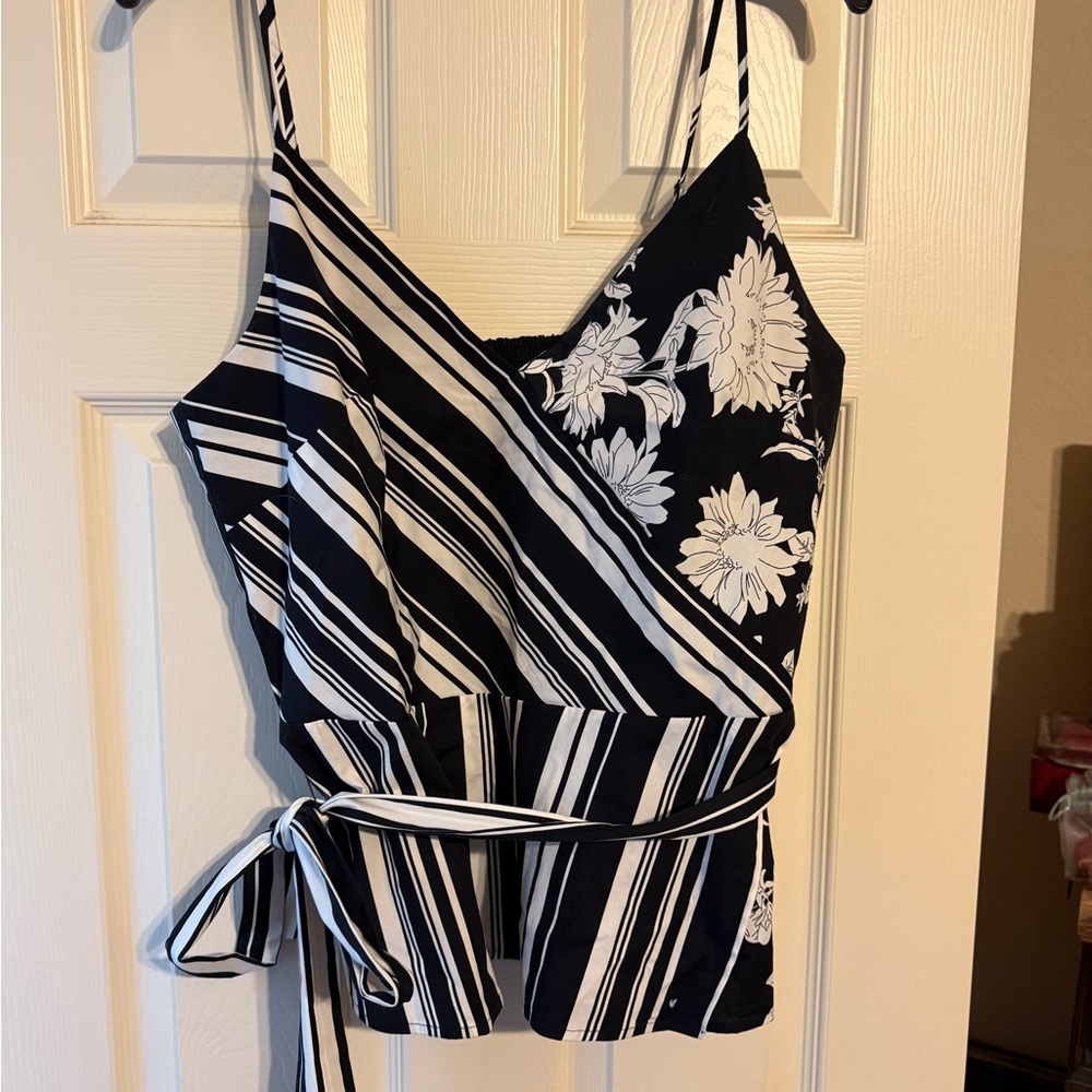 White House Black Market Striped Floral Wrap Top - Picture 3 of 3